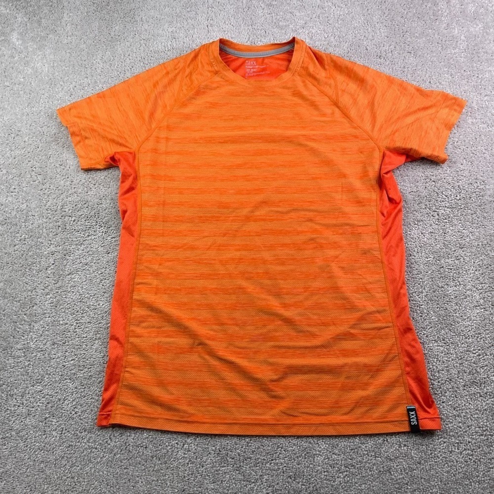 Saxx Shirt Mens Medium Orange Stripes Hot Shot Drop‎ Temp Tech Performance Tee